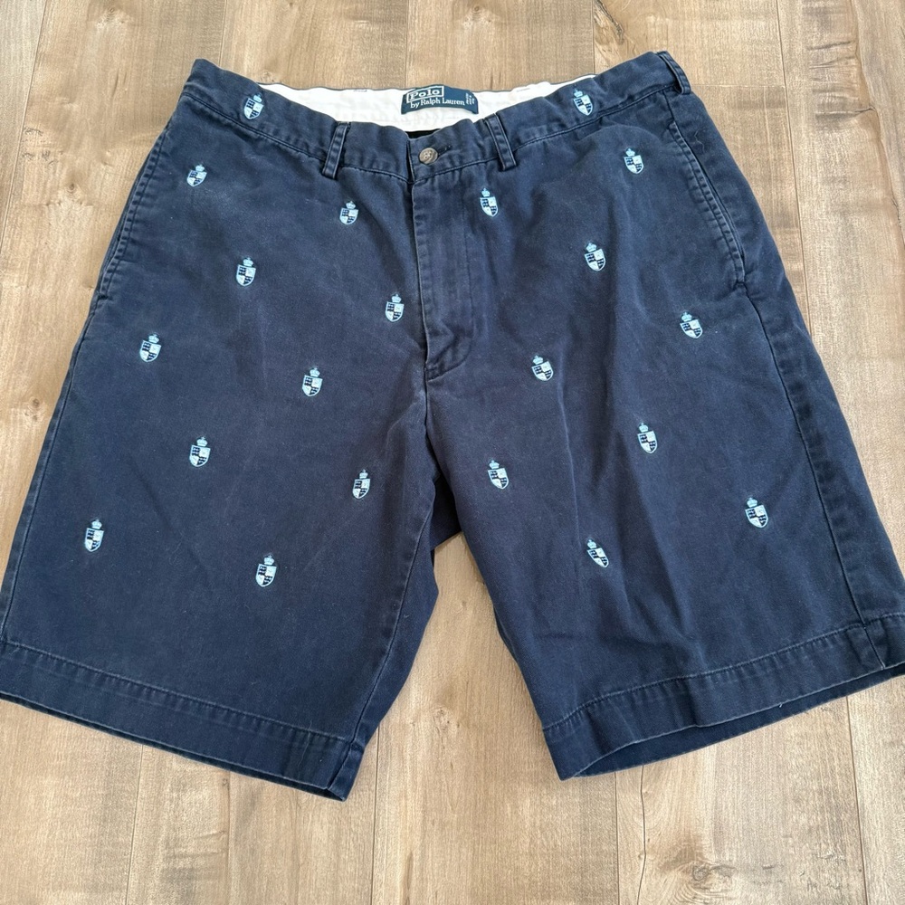 Polo Ralph Lauren Chino Shorts M‎ 34 Navy Blue Crest Embroidery All Over Cotton